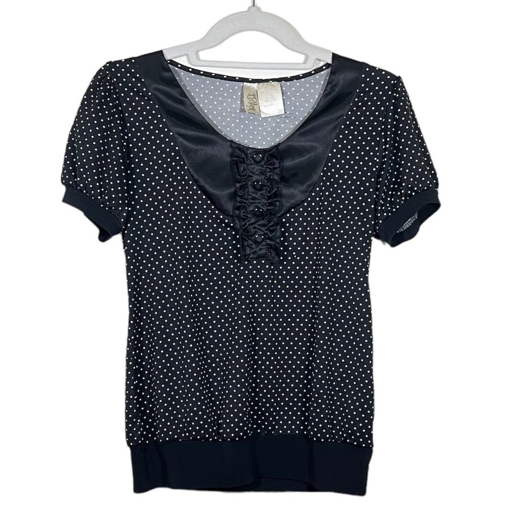 LSter - Women's Size M - Black Top White Polka Dots - Short Sleeve Elastic Waist
